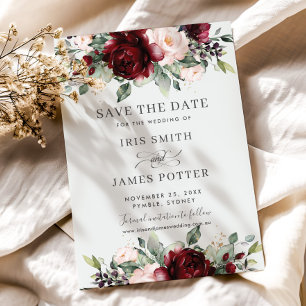 Burgundy Blush Bloemen Huwelijk Save the Date Kaar Kaart
