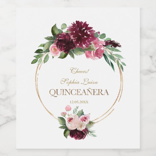 Burgundy Blush Bloemrijke Gouden Mis Quince Quince Wijn Etiket (Enkel label)