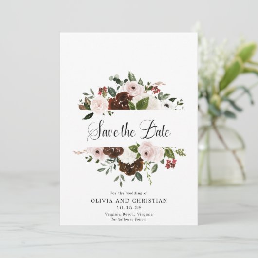 Burgundy Blush Bloemrijke Moderne Calligrafie Save The Date (Staand voorkant)
