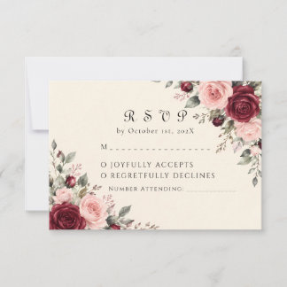 Burgundy & Blush Bloemrijke Roze Huwelijks RSVP Ka Kaartje