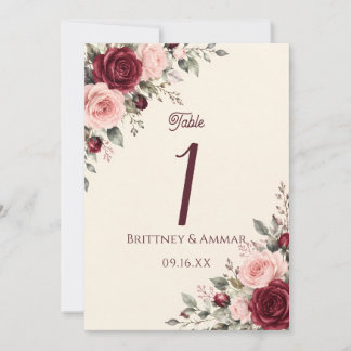 Burgundy & Blush Bloemrijke Rozen Huwelijk Tafelnu Kaart
