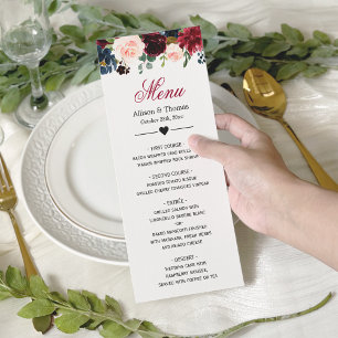 Burgundy Blush Blue Bloom Floral Menu Mariage