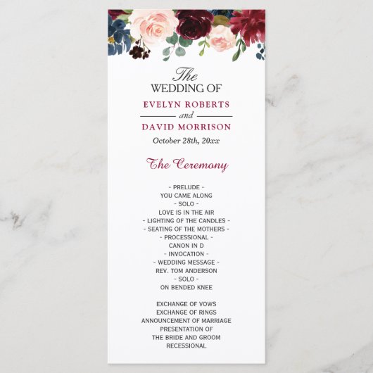 Burgundy Blush Blue Bloom Floral Wedding Programme Programma (Voorkant)