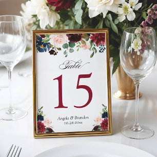 Burgundy Blush Blue Floral Mariage Numéro de table