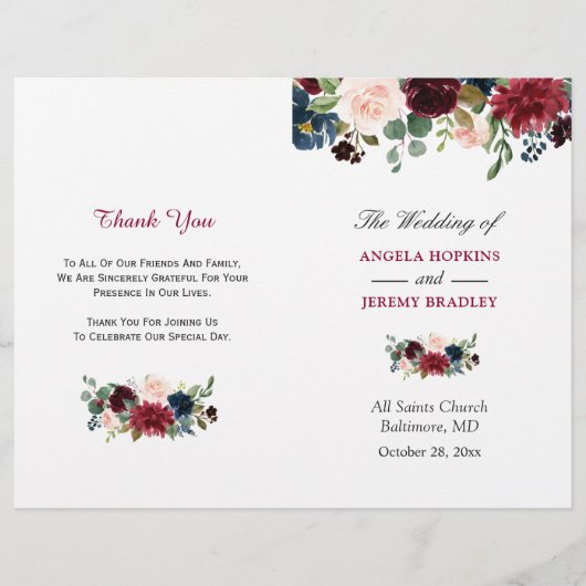 Burgundy Blush Blue Floral Programme de mariage pl (Devant)