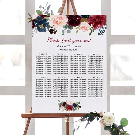 Burgundy Blush Blue Floral Wedding Seating Chart Poster