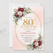 Burgundy Blush Boho Garden 80th Birthday Invites Kaart (Voorkant)