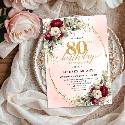 Burgundy Blush Boho Garden 80th Birthday Invites Kaart