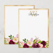 Burgundy Blush Botanical Floral Monogram Note Kaar Notitiekaartje (Voorkant / Achterkant)