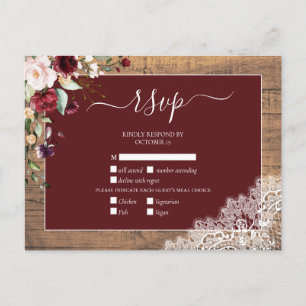 Burgundy Blush Botanical Lace Wood Weddenschap RSV Uitnodiging Briefkaart