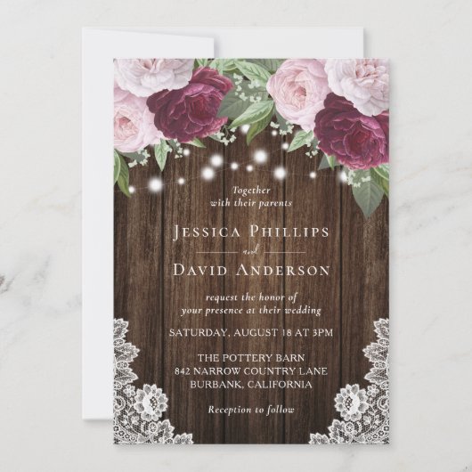 Burgundy Blush Botanical Wedding Invitations Kaart (Voorkant)