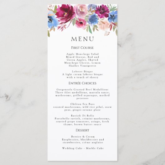 Burgundy Blush Dusty Blue Elegant Floral Menu (Voorkant)