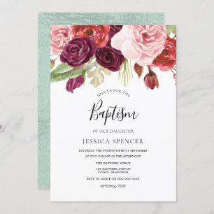 Burgundy Blush en Mint Floral Baptism Invite Kaart