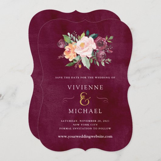 Burgundy Blush | Fleurs Mariage Save the Date (Devant / Derrière)