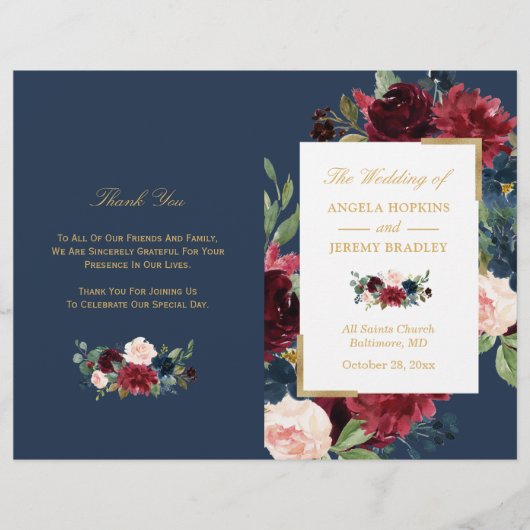 Burgundy Blush Floral Blue Folded Wedding Programm (Voorkant)