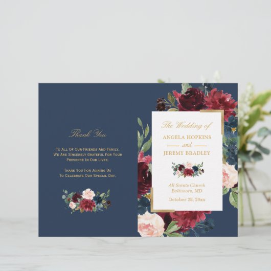 Burgundy Blush Floral Blue Programme de mariage pl (Debout devant)