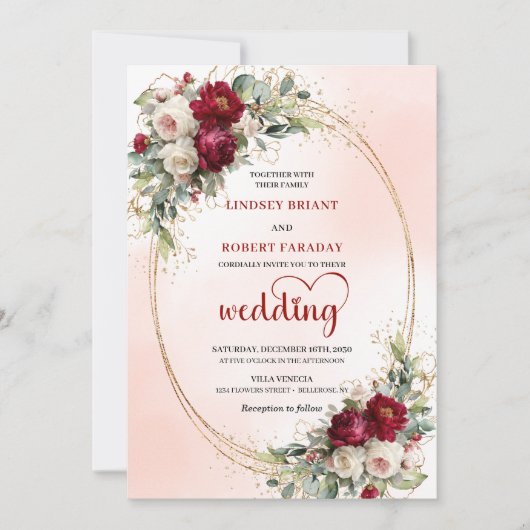 Burgundy Blush Floral Boho Wedding Invitation Kaart (Voorkant)