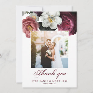 Burgundy Blush Floral Botanical Photo Wedding Bedankkaart