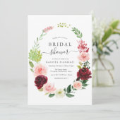 burgundy blush floral bridal douche - uitnodiging (Staand voorkant)