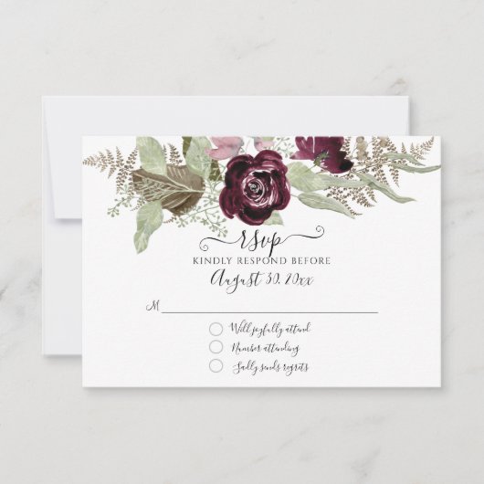 Burgundy Blush Floral Elégant Mariage RSVP (Devant)