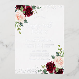 Burgundy Blush Floral Engagement Party Silver Folie Uitnodiging