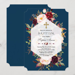 Burgundy Blush Floral Geometric Navy Boyl Baptisme Kaart