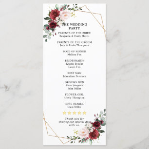 Burgundy Blush Floral Geometric Wedding Reception Programma