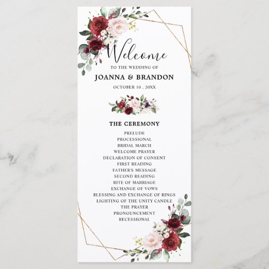 Burgundy Blush Floral Geometric Wedding Reception Programma (Voorkant)