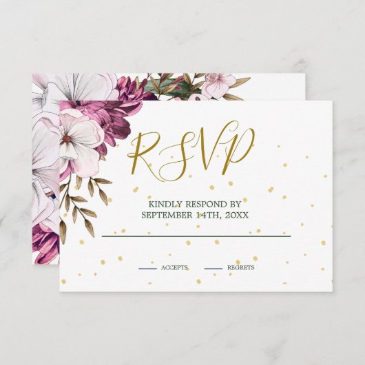 Burgundy Blush Floral Gold Elegant Chic RSVP Kaartje (Voorkant / Achterkant)