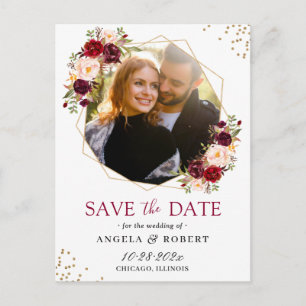 Burgundy Blush Floral Gold Geometric Save the Date Briefkaart
