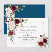 Burgundy Blush Floral Gold Glitter Lijst Weddensch Save The Date (Voorkant / Achterkant)