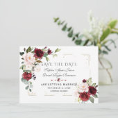 Burgundy Blush Floral Gold Glitter Lijst Weddensch Save The Date (Staand voorkant)
