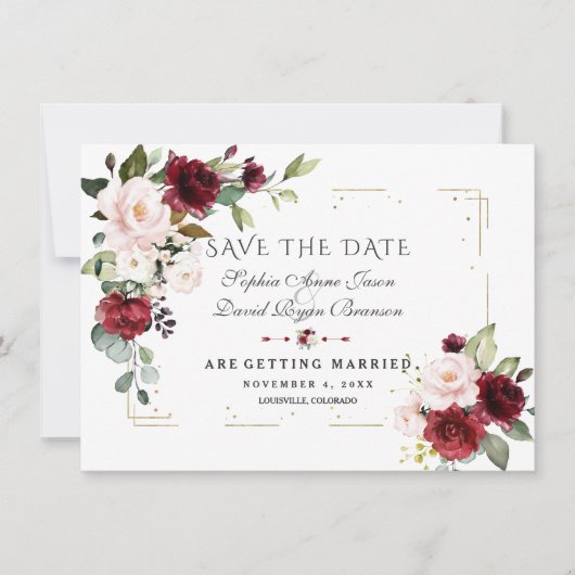 Burgundy Blush Floral Gold Glitter Lijst Weddensch Save The Date (Voorkant)