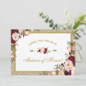 Burgundy Blush Floral Gold Glitter Matron of Honor Kaart (Staand voorkant)