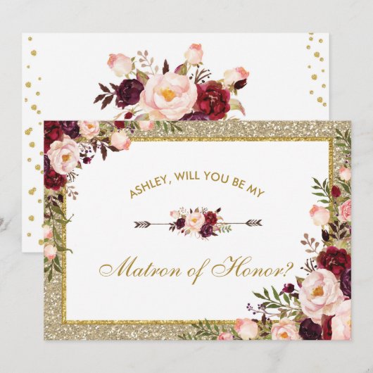 Burgundy Blush Floral Gold Glitter Matron of Honor Kaart (Voorkant / Achterkant)