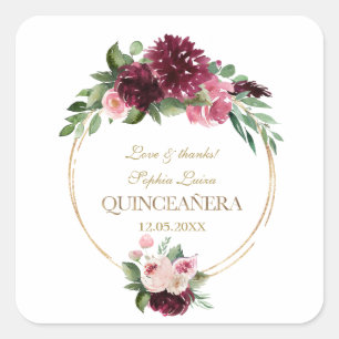 Burgundy Blush Floral Gold Mis Quince Quinceañera Vierkante Sticker