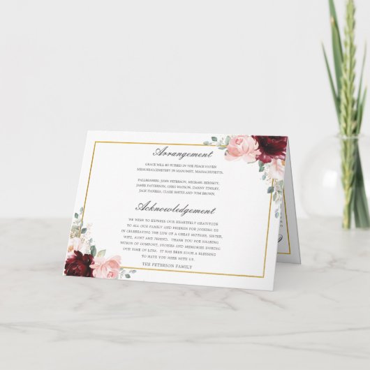 Burgundy Blush Floral Greenery Foto's Funeral Programma (Achterkant)