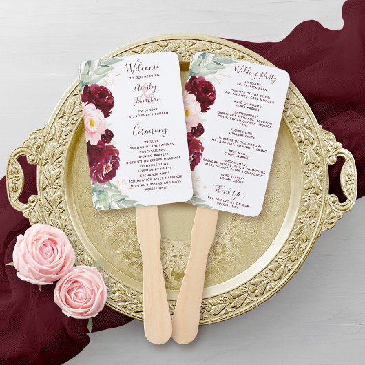 Burgundy Blush Floral Greenery Wedding Programme Handwaaier