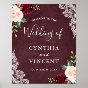 Burgundy Blush Floral Lace Mariage Affiche de bien