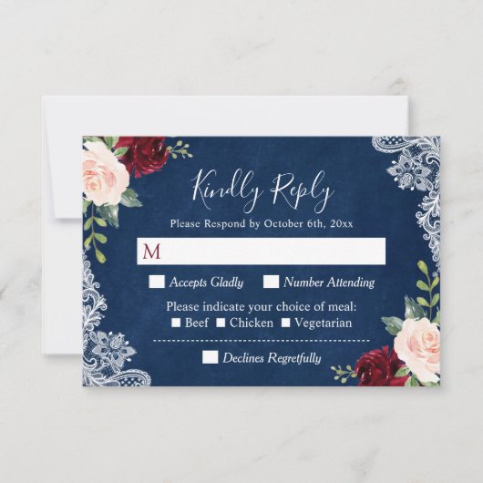 Burgundy Blush Floral Lace Navy Blue Wedding RSVP (Voorkant)
