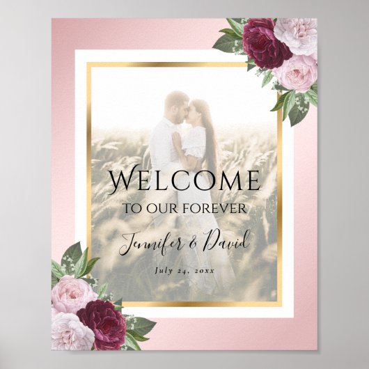 Burgundy Blush Floral Mariage Affiche de bienvenue (Devant)