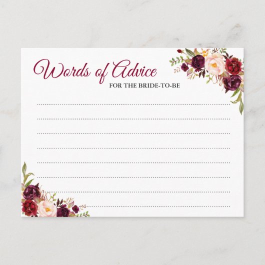 Burgundy Blush Floral Mariage Mots de conseil Cart (Devant)