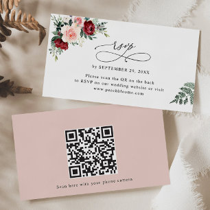 Burgundy Blush Floral Mariage QR Code Cartes RSVP