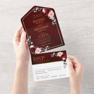 Burgundy Blush Floral Modern Geometric Wedding All In One Uitnodiging