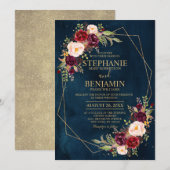 Burgundy Blush Floral Modern Geometric Wedding Kaart (Voorkant / Achterkant)