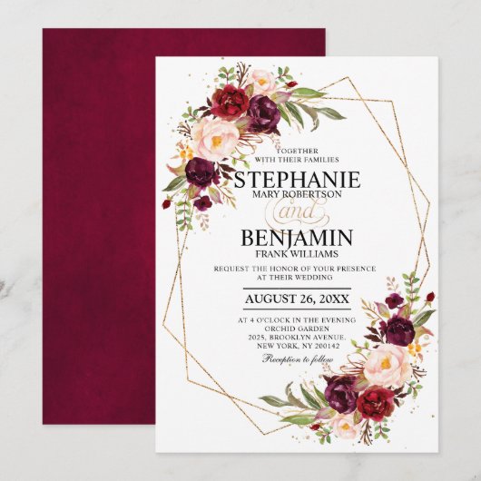 Burgundy Blush Floral Modern Geometric Wedding Kaart (Voorkant / Achterkant)
