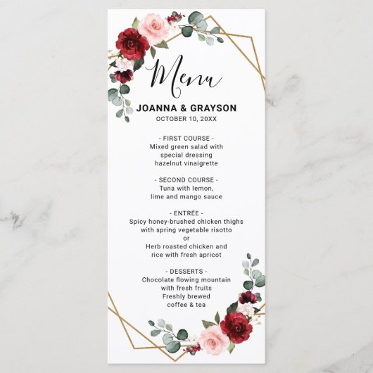 Burgundy Blush Floral Modern Geometric Wedding Menu (Voorkant)