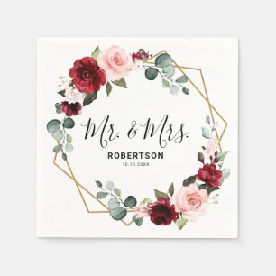 Burgundy Blush Floral Modern Geometric Wedding Servet
