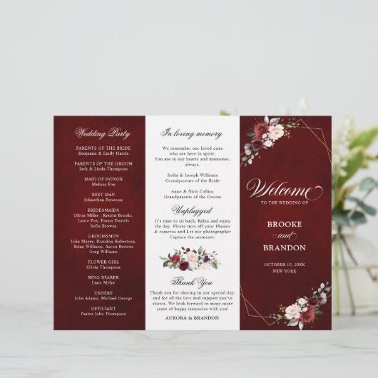 Burgundy Blush Floral Modern Wedding Programme (Staand voorkant)