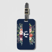 Burgundy Blush Floral Navy Blue Monogram Bagagelabel (Voorkant (verticaal))